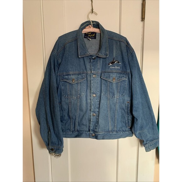 VTG 90's Denim Jean Jacket XL 100% Cotton Orca Whale Marine World Embroidery - Picture 1 of 6